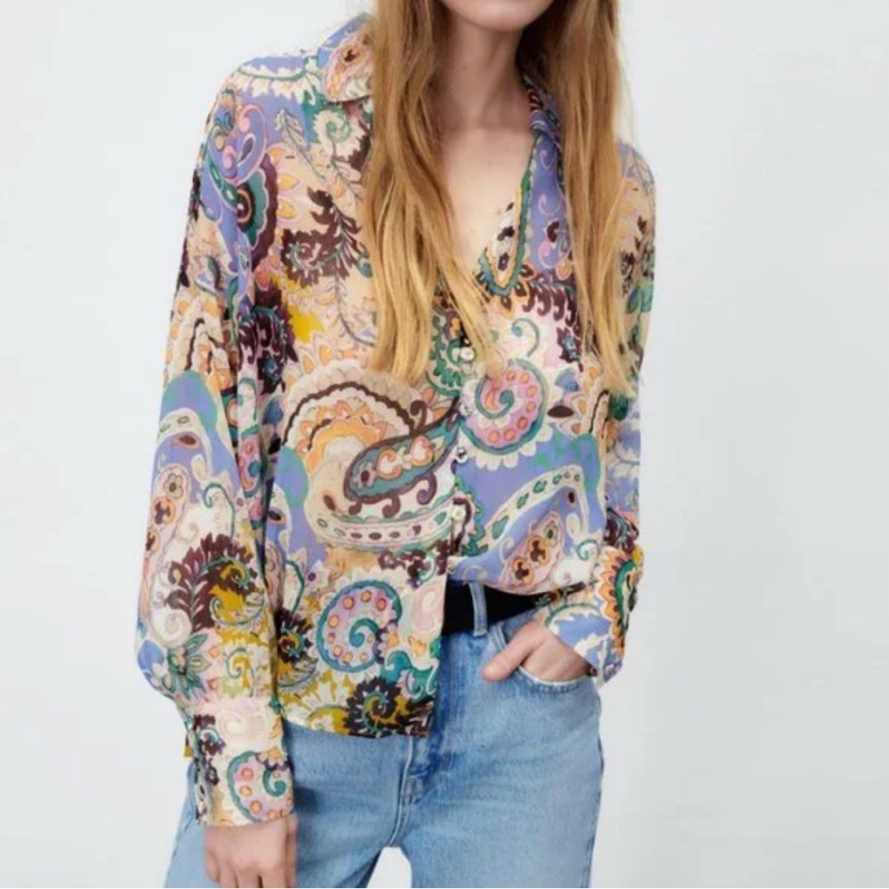 Zara Paisley Print Soeeve Print Boho Semi Sheer Long Sleeve Shirt S